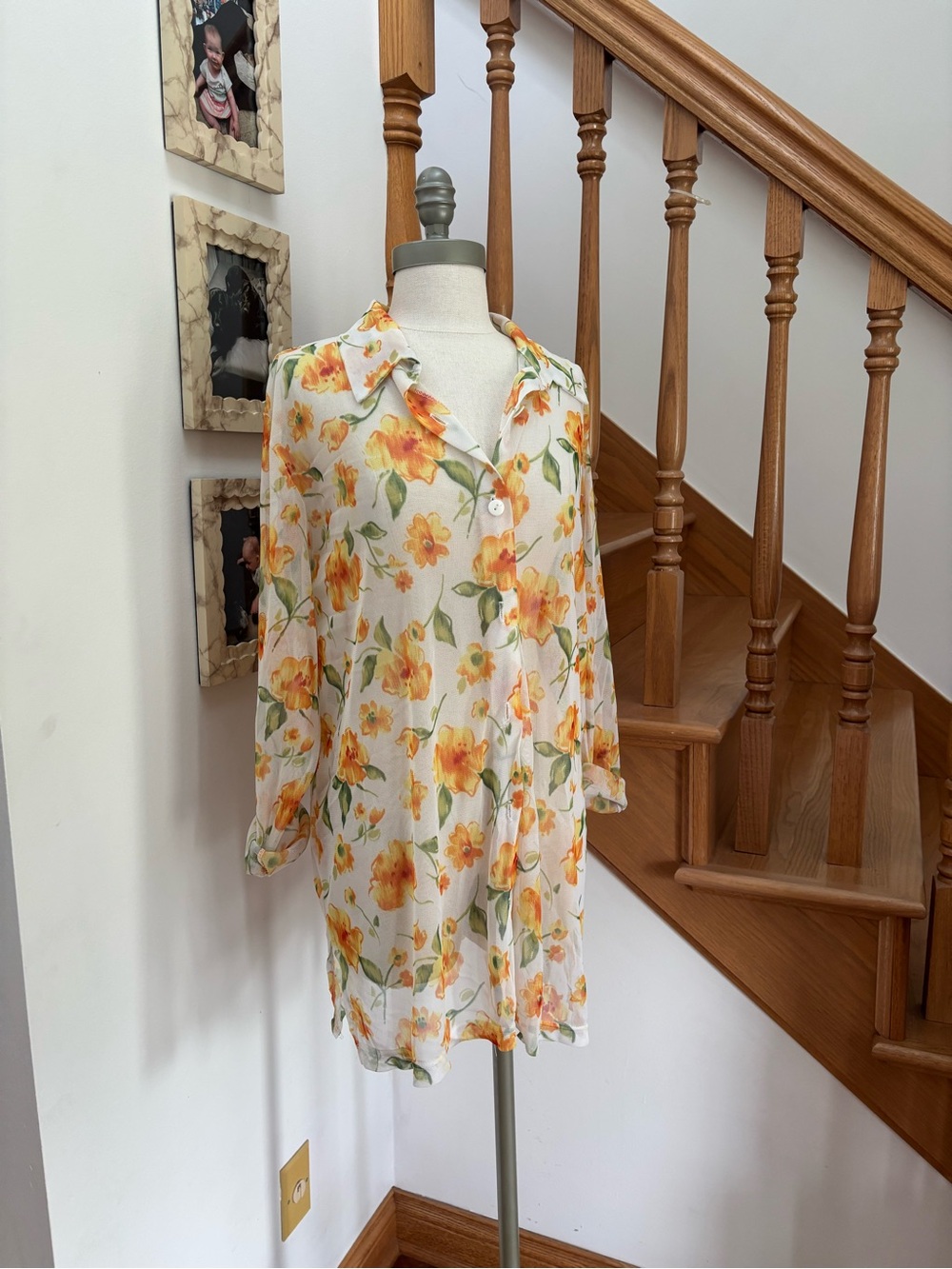 Vintage Sheer Oversized Button Up Floral Long Sleeve Blouse